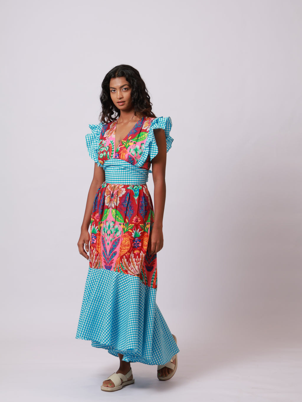 Floral Blue Ghingham Dress
