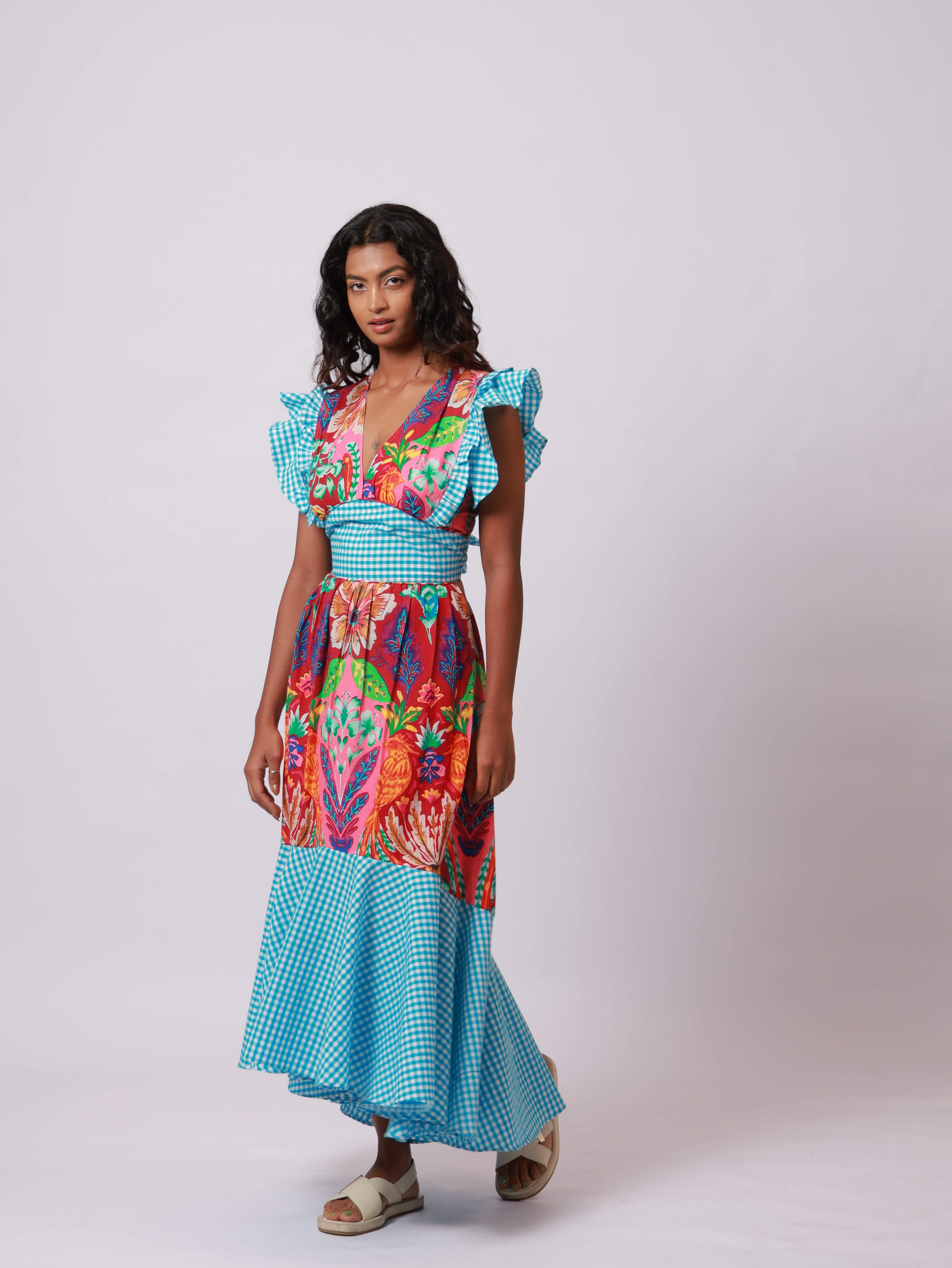 Floral Blue Ghingham Dress