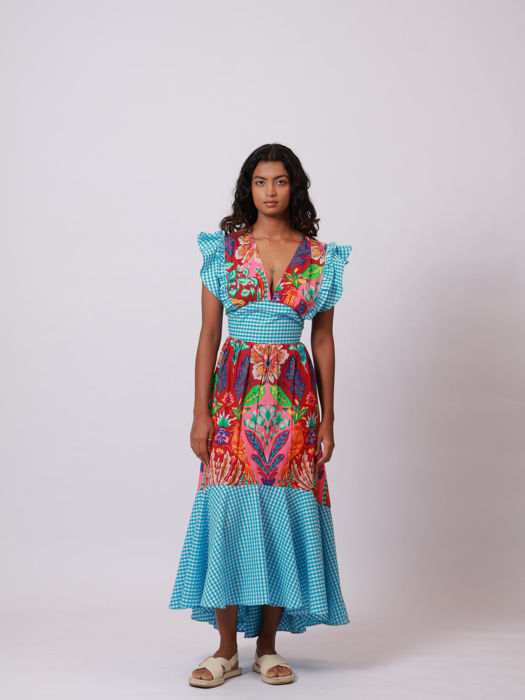 Floral Blue Ghingham Dress