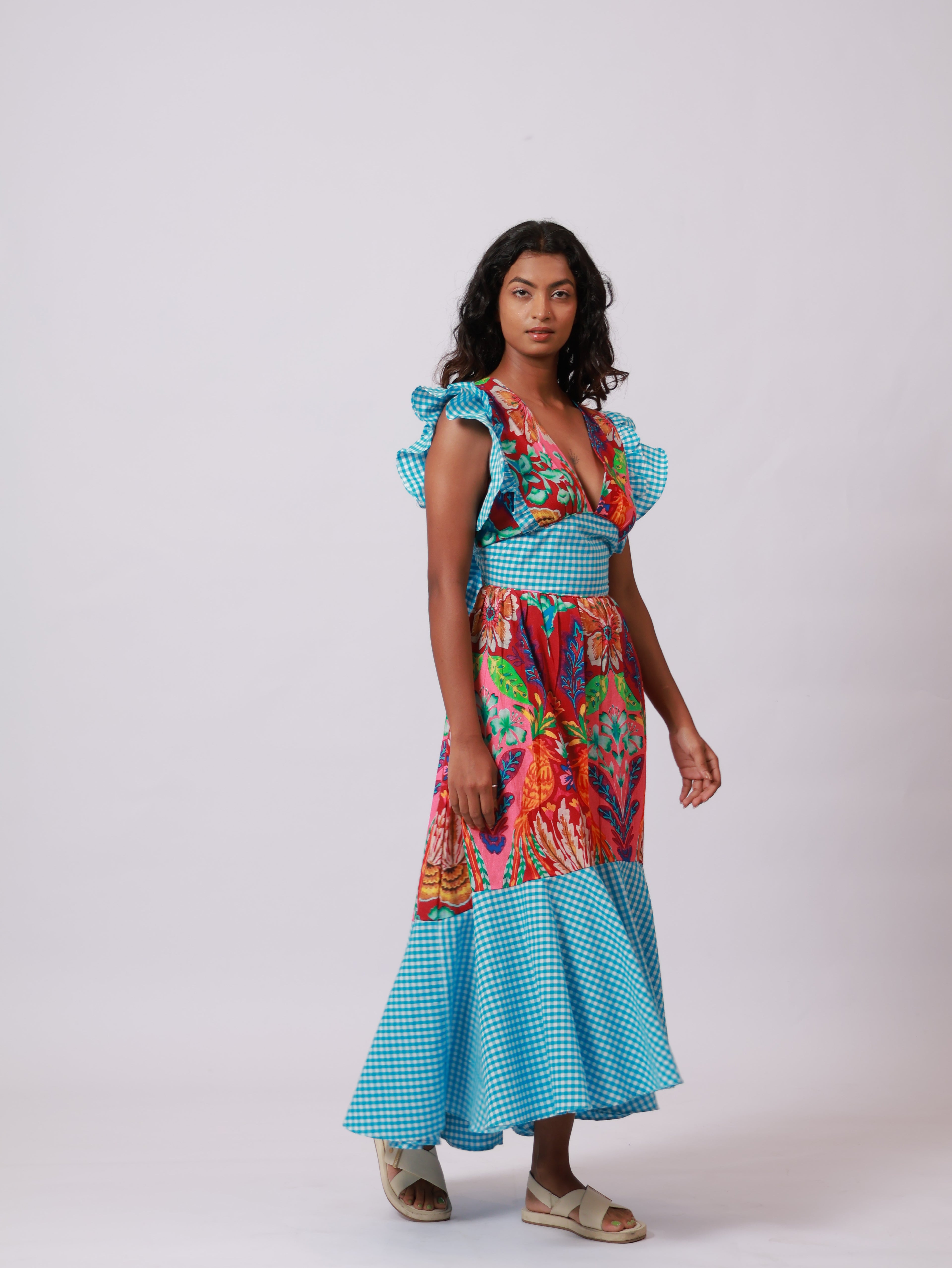 Floral Blue Ghingham Dress