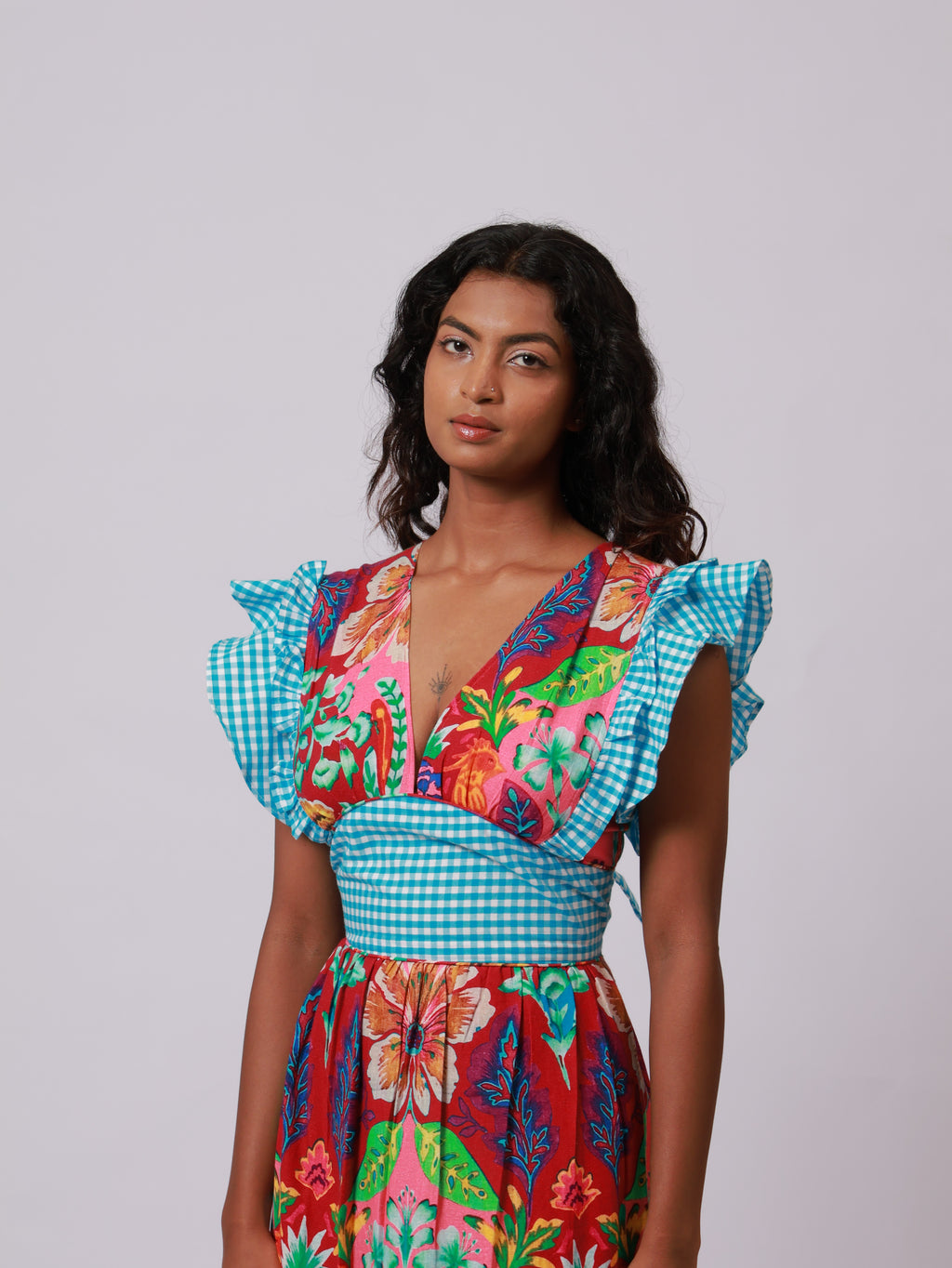 Floral Blue Ghingham Dress