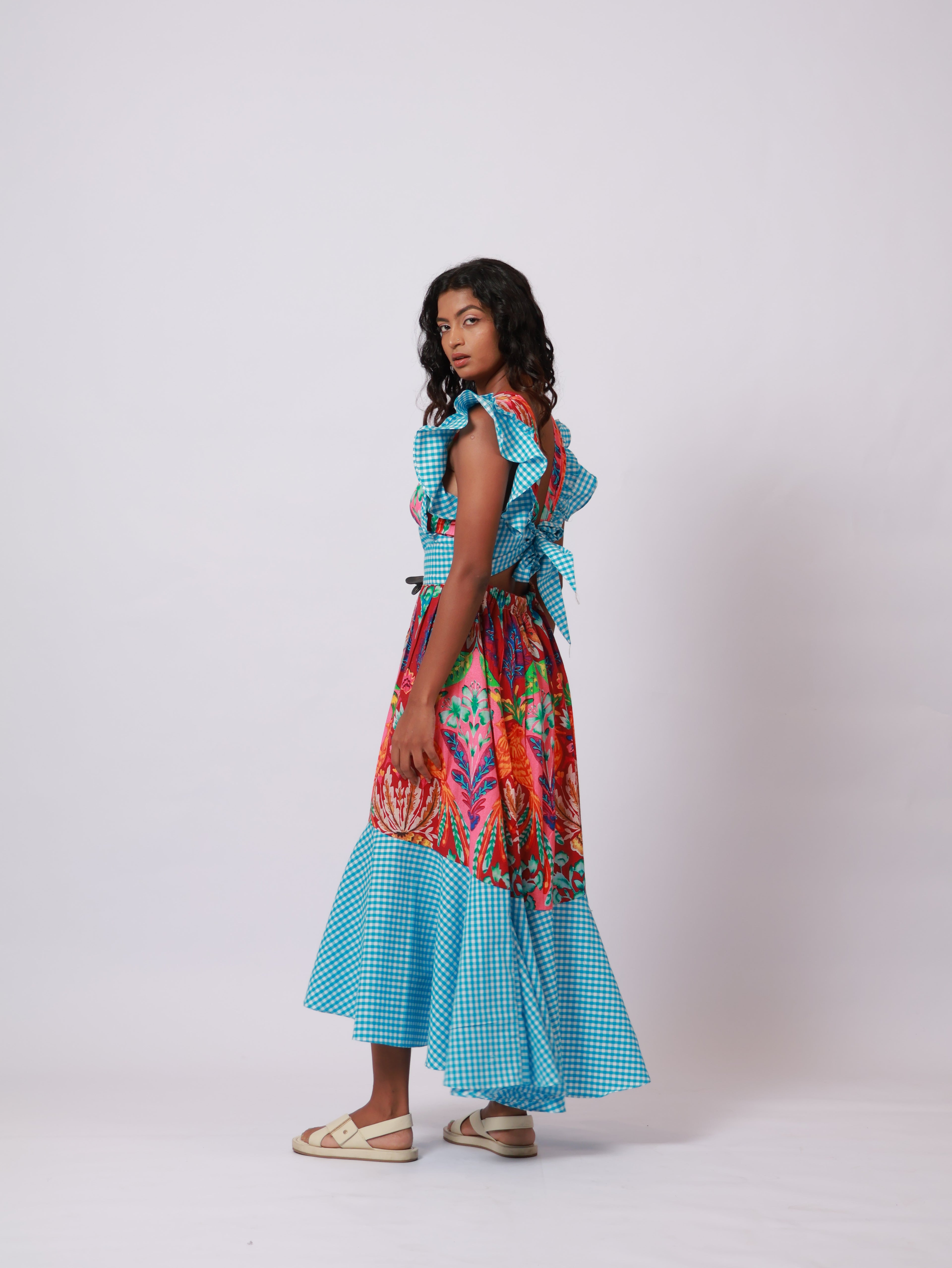 Floral Blue Ghingham Dress